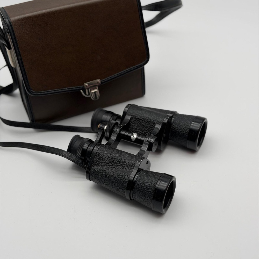 Vintage Black‎ Binoculars with Brown Faux Leather Hard Carrying Case Retro Gear